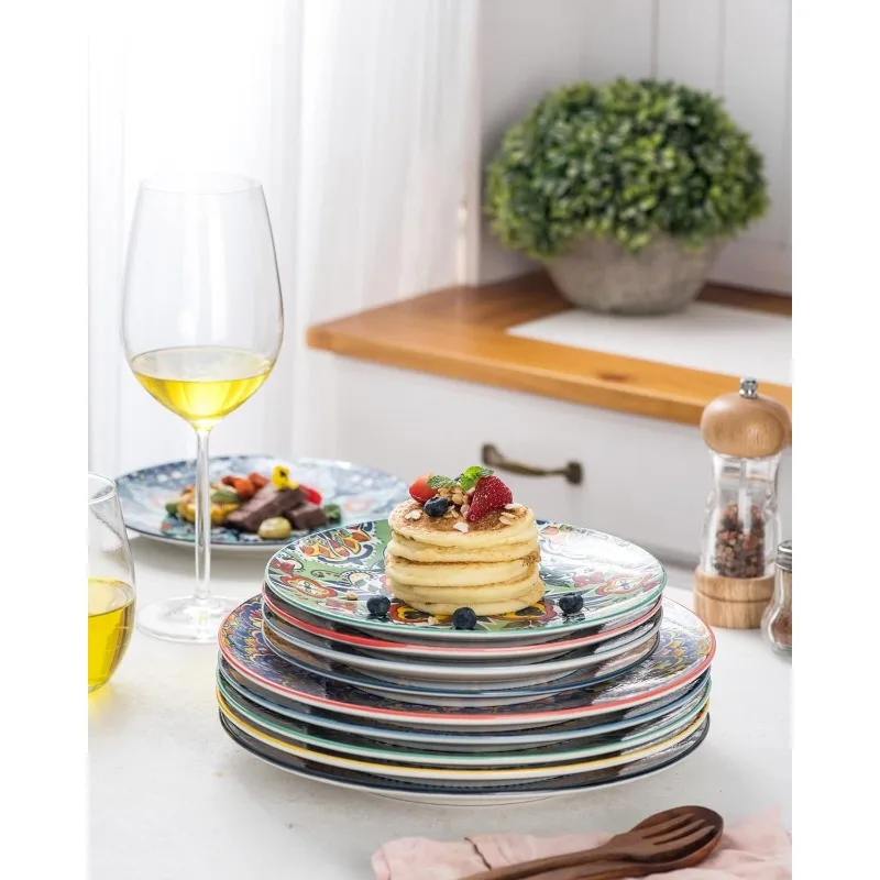 Dinner Plates Set of 6-10.5 Inch Large Dessert, Pasta, Salad Plate, Porcelain Colorful Serving Dishes for Kitchen & Restaurant