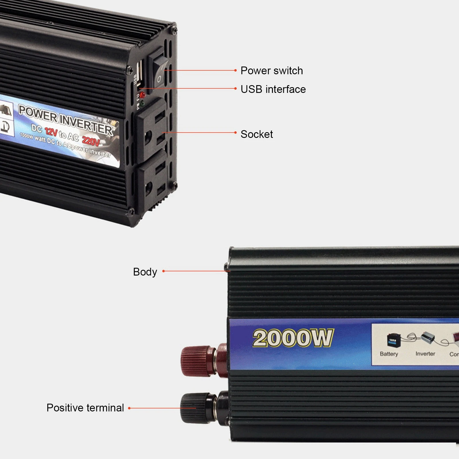 To AC Power Converter 12V Power Inverter 500W High Efficiency Aluminum Alloy To AC Power Converter For Car Home Use