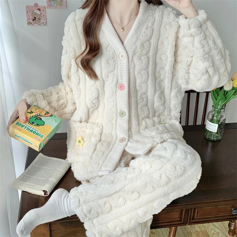 Winter Women's Coral Velvet Pajamas Plush Thickened Cardigan Flannel Warm Jacquard Home Clothing Set Sweet Girls Sleepwear
