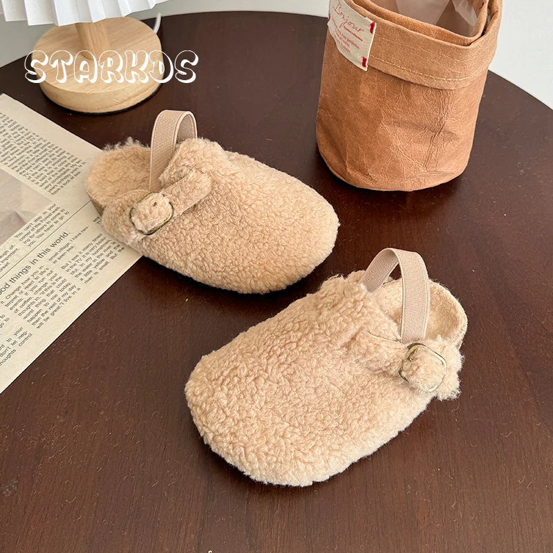 Warm Shearling Birken Clog Sandals Baby Girl Brand Design Lambswool Mules Toddler Kid Soft Cork Sole Elasic Band Fur Slide Shoes 3