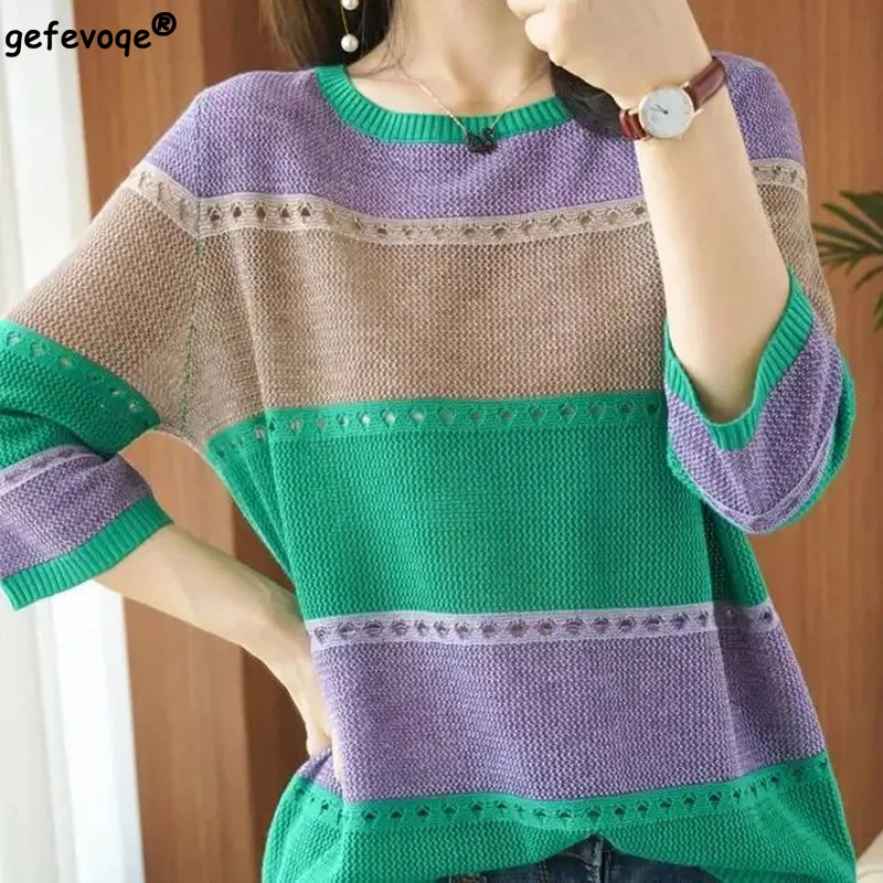 

2022 Spring New Thin Knitted Loose Striped Hollow Out Sweaters Mid Sleeve Round Neck Pullovers Casual Fashion Women Clothing