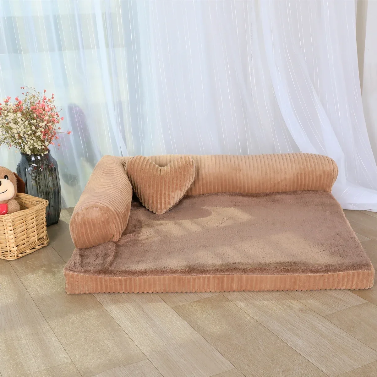 L Shape Dog Bed Sofa with Heart Pillow Removable Cover Waterproof Soft Sleeping Cushion Big Cat Cushion Puppy Mat Pet Supplies