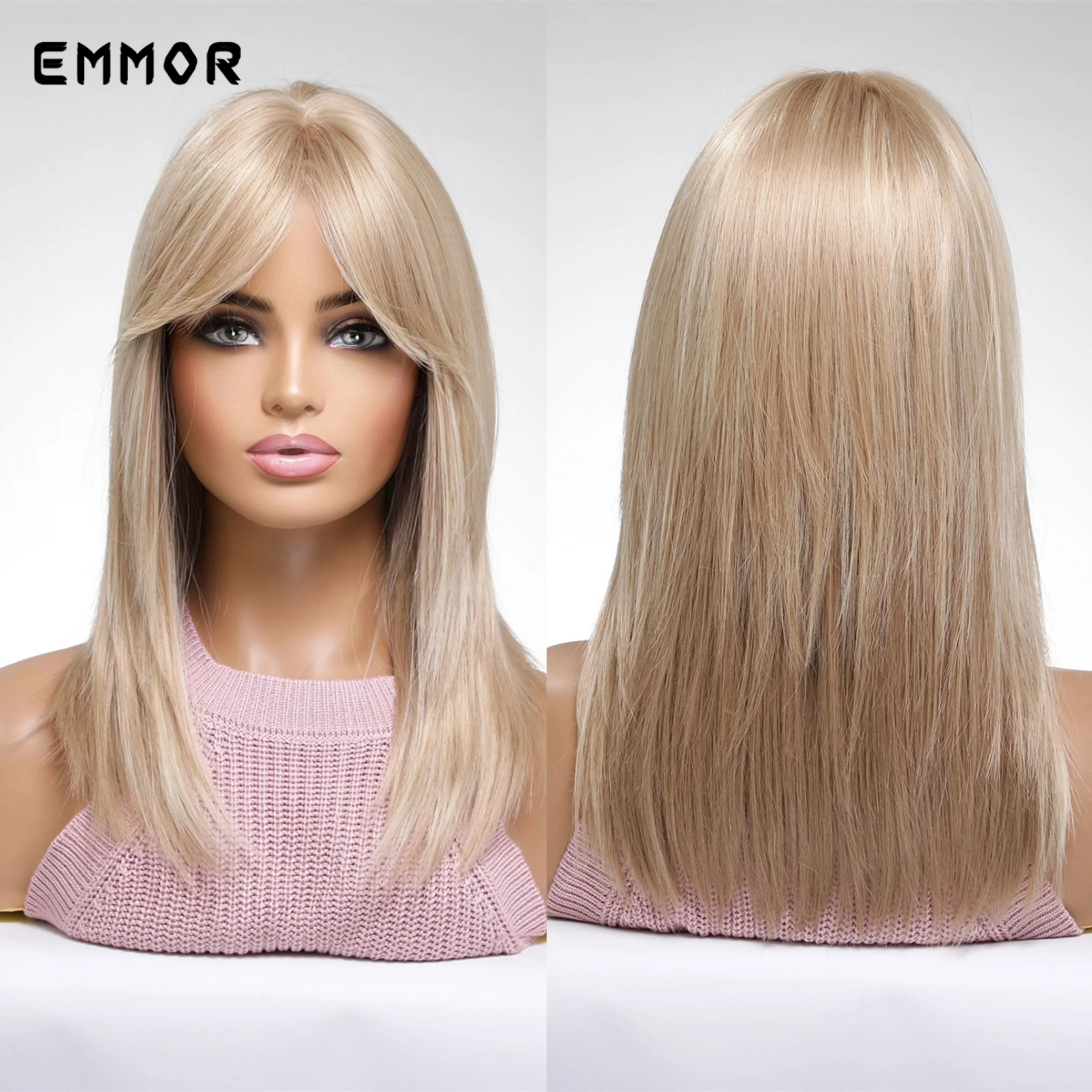

Emmor Synthetic Ombre Black to Light Blonde Wig With Bangs Hair Wigs Cosplay Natural Heat Resistant Wigs for Women Daily Hair