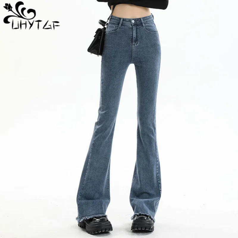 

HYTGF Spring Autumn New Jeans For Women's Fashion High-Waisted Retro Furred Edge Micro Trumpet Trend Street Female Denim Pants