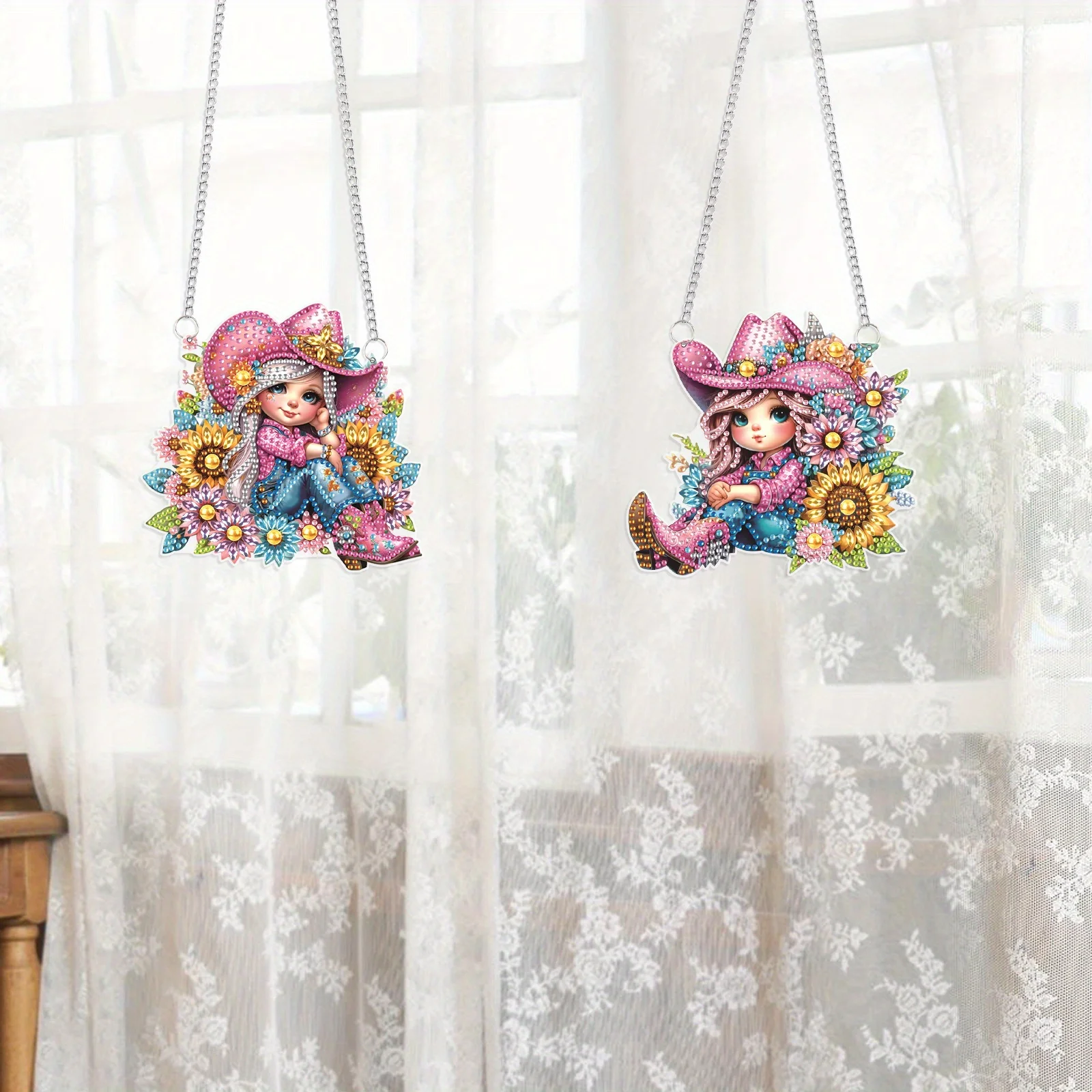 2Pcs Beautiful girls Hanging Diamond Craft Painting Kit for Adult Beginner,Special shape Diamond Art Painting Window Decoration