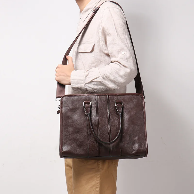 Genuine Leather Briefcase for Men, Large Capacity Shoulder Bag for Business with Laptop Compartment