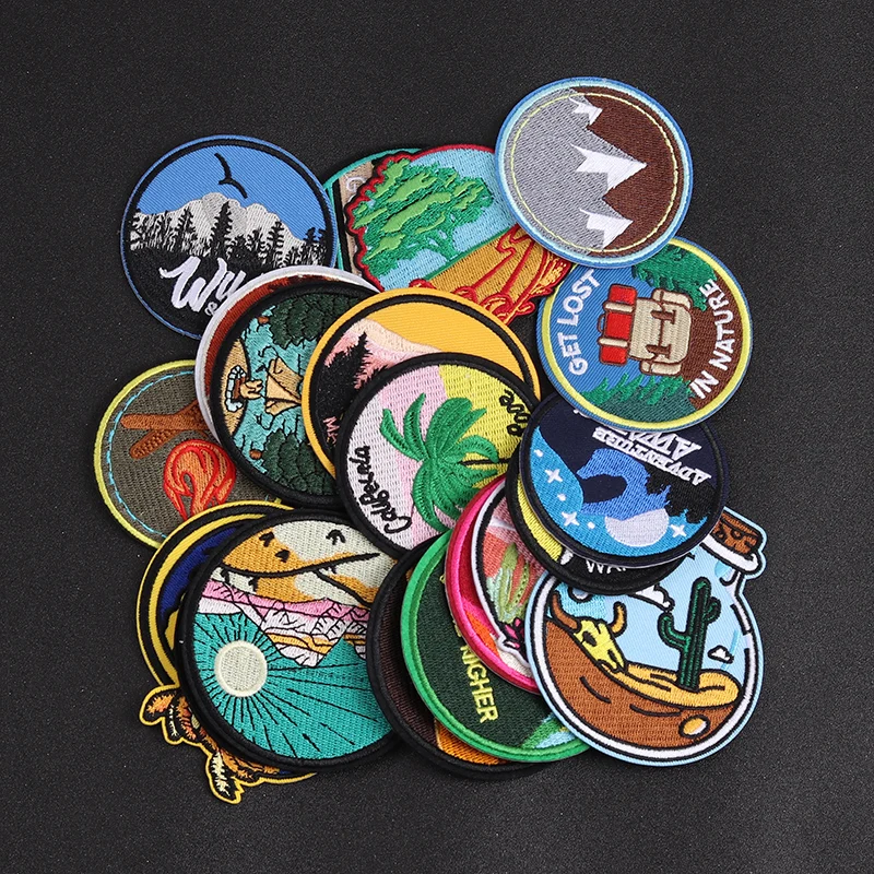 Wilderness Camping Scenery Patches Badges Embroidery Patch Applique Ironing Clothing Sewing Supplies Decorative circular flower patch stickers,camping patches
