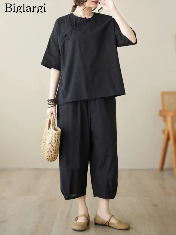 

Oversized Summer 2 Two Piece Set Women Short Sleeve Fashion Casual Ladies Cropped Blouses Loose Pleated Woman Wide Leg Pant