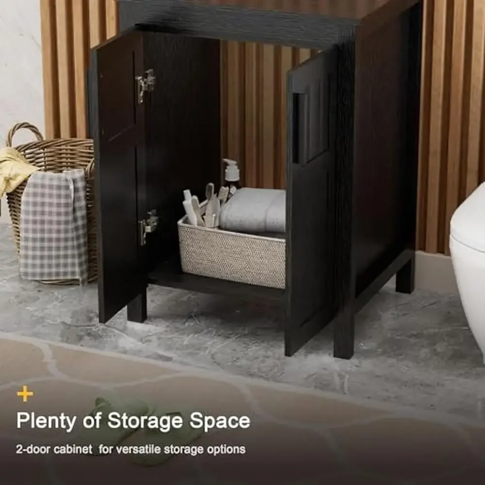 Black Wood Bathroom Vanity Cabinet with Ceramic Vessel Sink & Grooved Doors 4