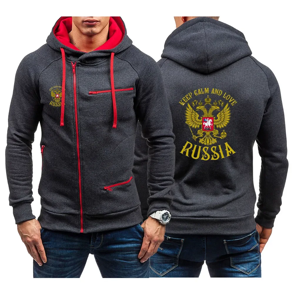 

Russia Badge Gold Eagle Printed Men's New Spring and Autumn Hooded Sweatshirts Slim Thick Pullover Diagonal Zipper Hoodies Coats