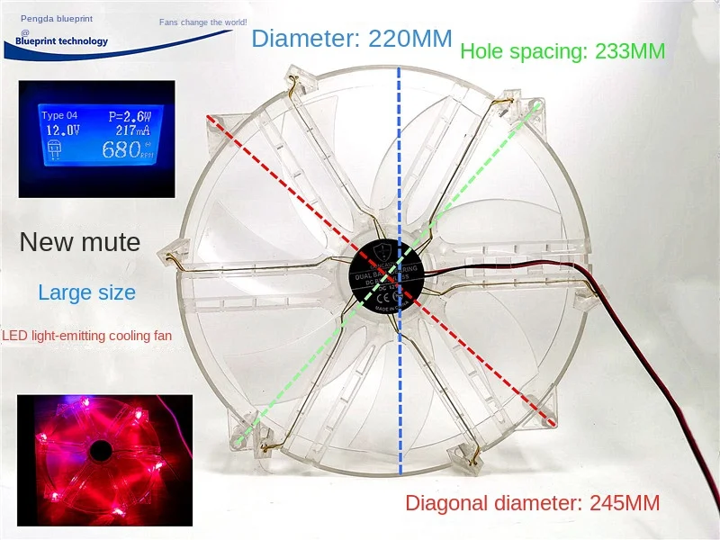 New Mute 22cm Large Size LED Luminous Transparent 12V round 220 * 30mm Chassis Cabinet Cooling Fan 5pcs m3 thumb screws metric knurled big flat head tighten screw manual adjustment bolt for chassis cabinet 35 40 45 50mm 10color