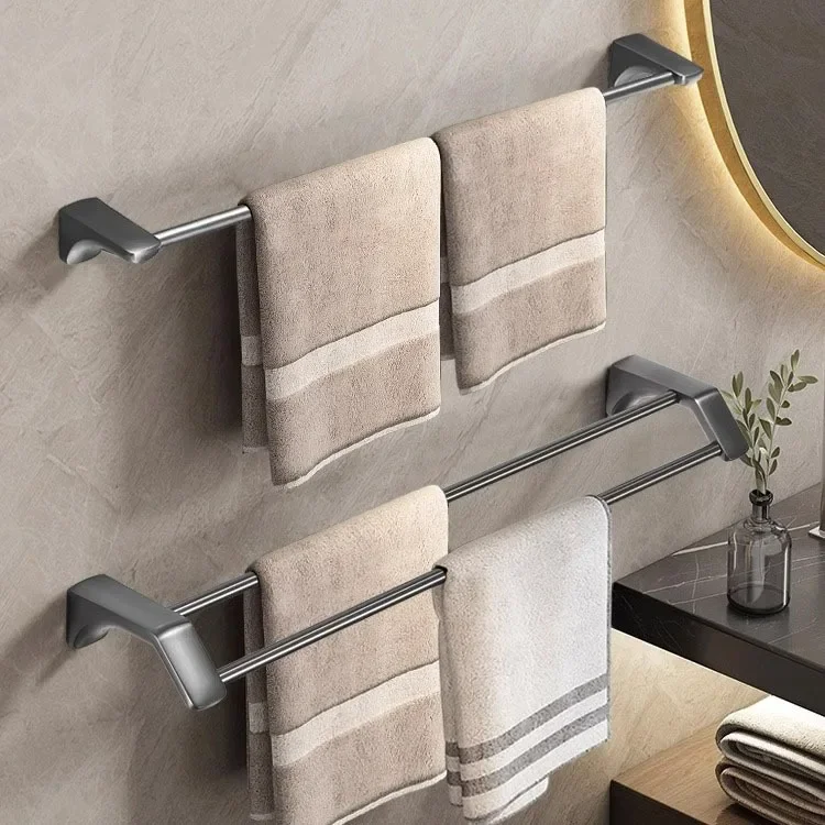 Gun gray towel rack 304 stainless steel towel bar Single bar bathroom double bath rack Perforation-free bathroom