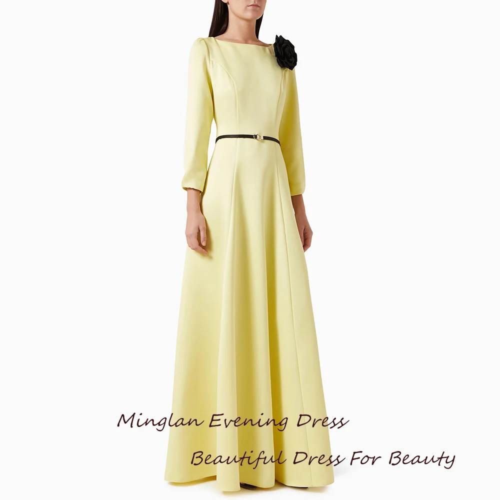 

MINGLAN Crepe Long Evening Dress Elegant Flower Belt A-Line Custom Made Yellow Cocktail Party Prom Gown For Sexy Women 2024