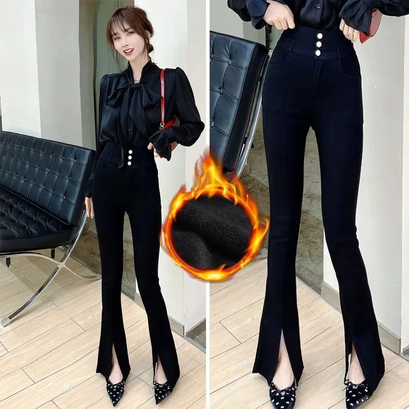 

New Women Pants Autumn Winter Split Pants Girls Fashion High Waist Casual Pants Female Slim Flare Trousers Black