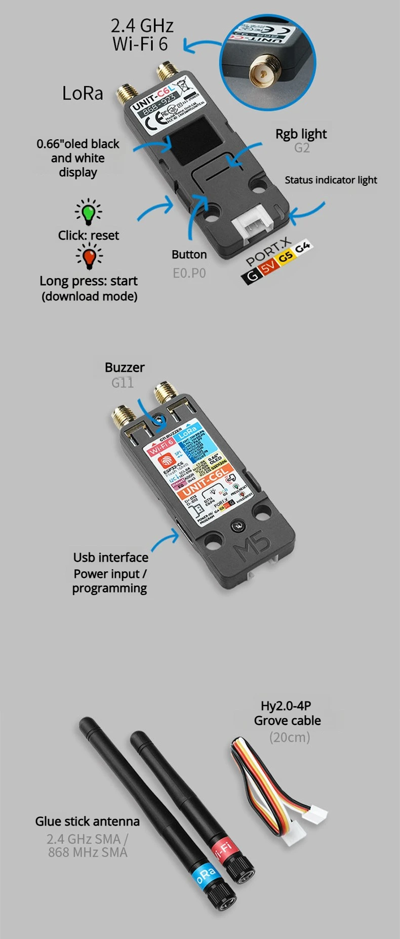 Unit C6L LoRa Communication Unit ESP32-C6 Wi-Fi 6 & SX1262 868-923MHz Supports M