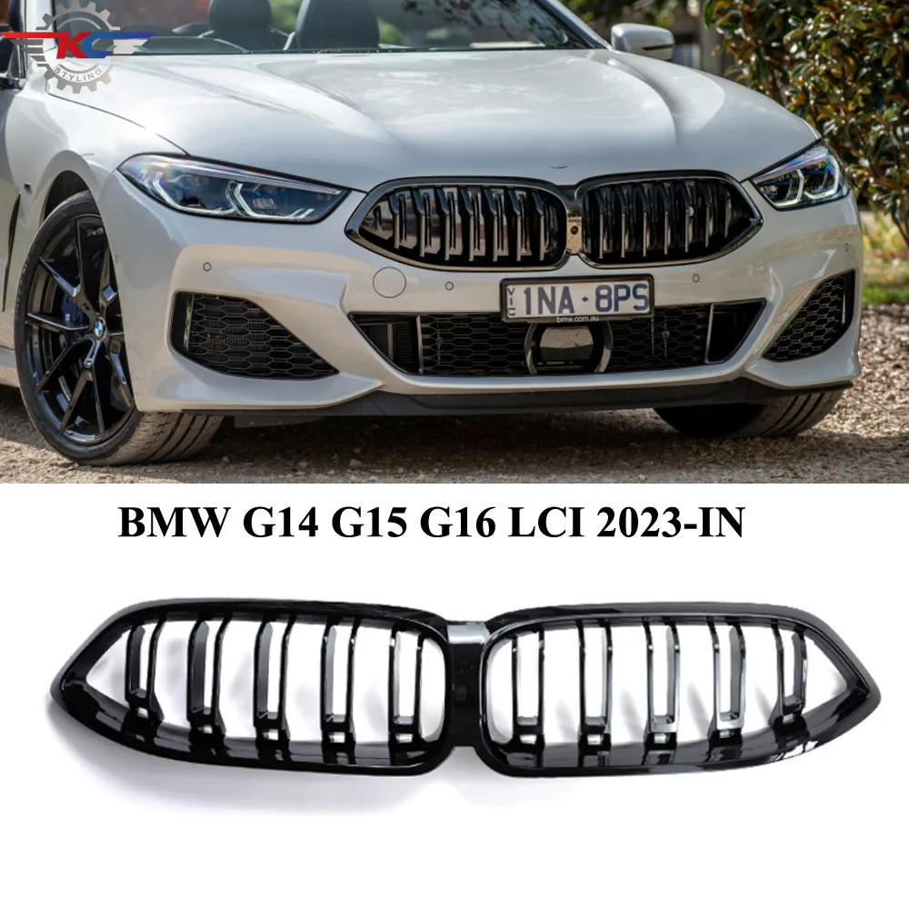 

Двойные рейки передняя решетка радиатора для BMW 8 серии G14 G15 G16 LCI 2023 дюйма глянцевые черные гоночные грили бамперы сплиттер