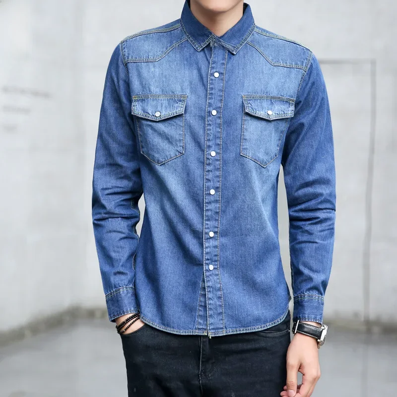 Men's Autumn Trendy Slim Fit Long Sleeve Denim Shirt Pure Cotton denim shirt,long sleeved shirt