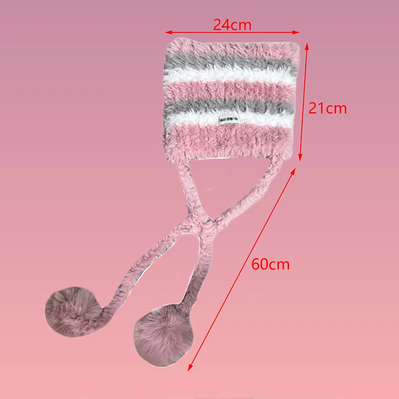 Fashion Cat Ear Women Knitted Hat Thick Warm Contrast Stripe Winter Beanies Cap Ear Protection Windproof Pullover Hat