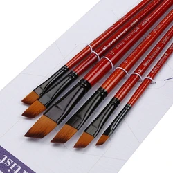 6x Acrylic Paint Brush Set Angled Nylon Hair Brushes for Multi Purpose Oil Watercolor Painting Artist Professional Kits