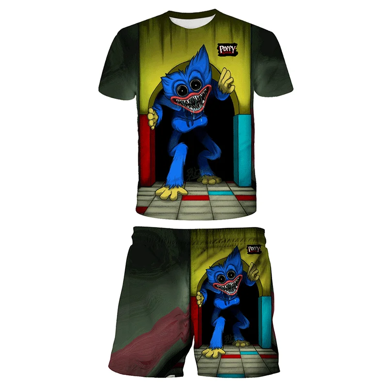 New Video Game Poppy Playtime T-Shirt + Pants 2 Pcs Suit Cartoon Children Clothing Sets Kids Boys Sports Suit Huggy Wuggy Shorts newborn baby clothes set girl