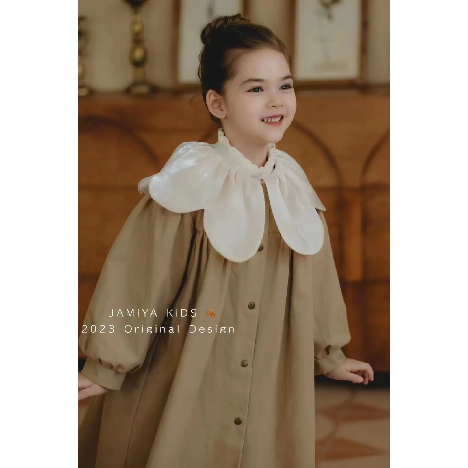 

Kids Girls Teens Spring Autumn Windbreaker Coats Khaki Petal Collar Princess Oversize Coat Medium Long Outerwear Trench Clothes