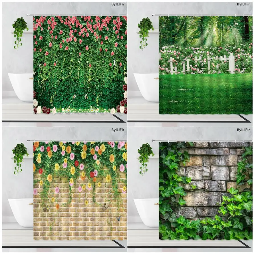 

Plant Flowers Shower Curtains Pink Floral Vintage Brick Wall Rustic Spring Scenery Bath Curtain Fabric Bathroom Decor with Hooks