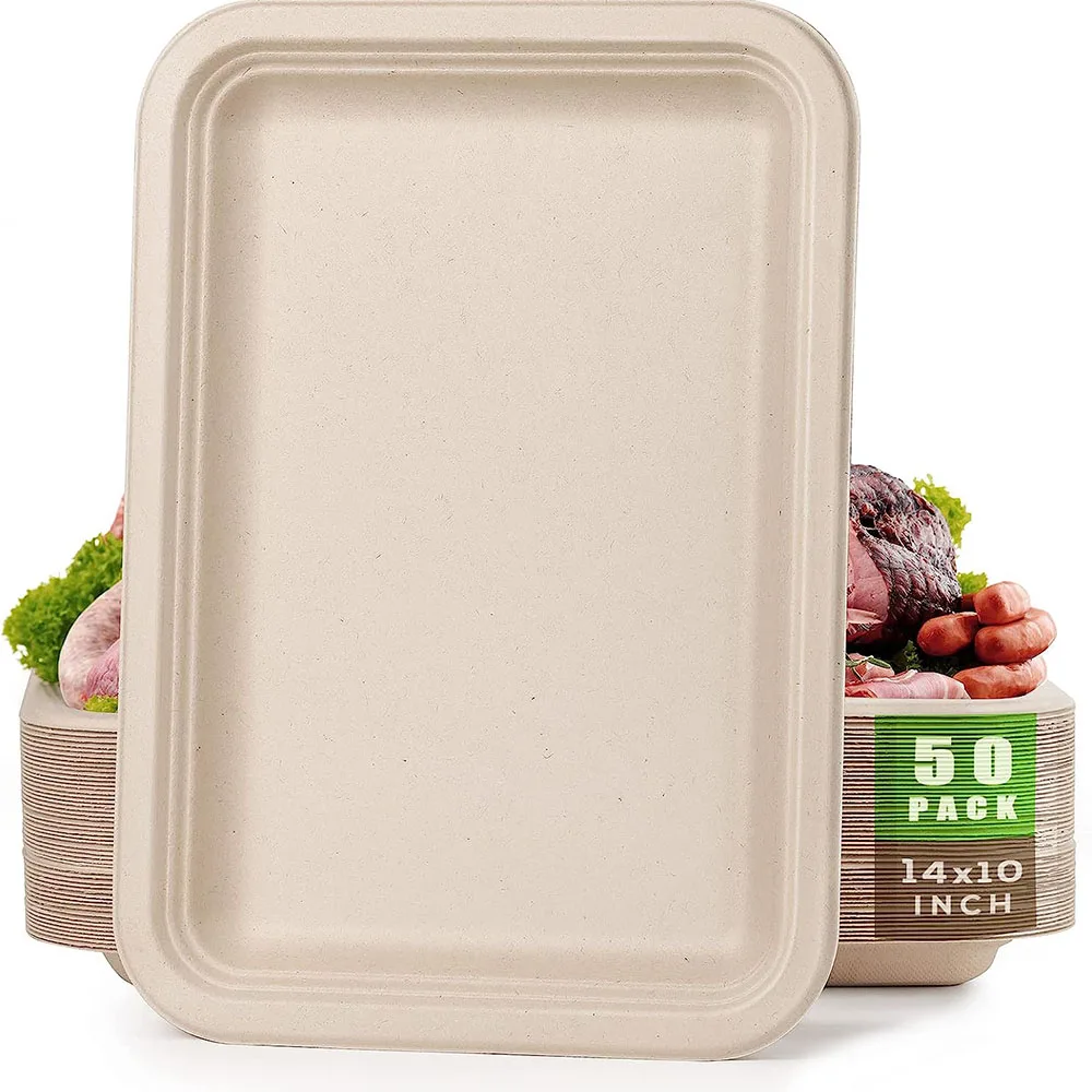 50 Pcs 14 Inch Disposable Food Trays Eco-friendly Large Paper Plates Compostable Sugarcane Filber for Party