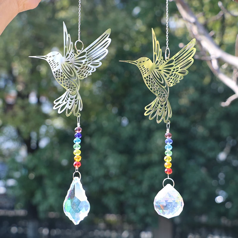 1PCS Crystal Suncatcher Hanging Hummingbird Ornament Rainbow Maker Sun Catcher Prisms Chakra Ball Pndant Garden Home Decor Gift