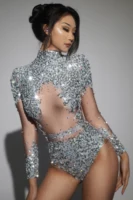 Sparkly Gold Silver Rhinestone Sequin Stretch Bodysuits 2025 New Women Birthday Party Nightclub Dancer Stage Performance Costume - Image 3