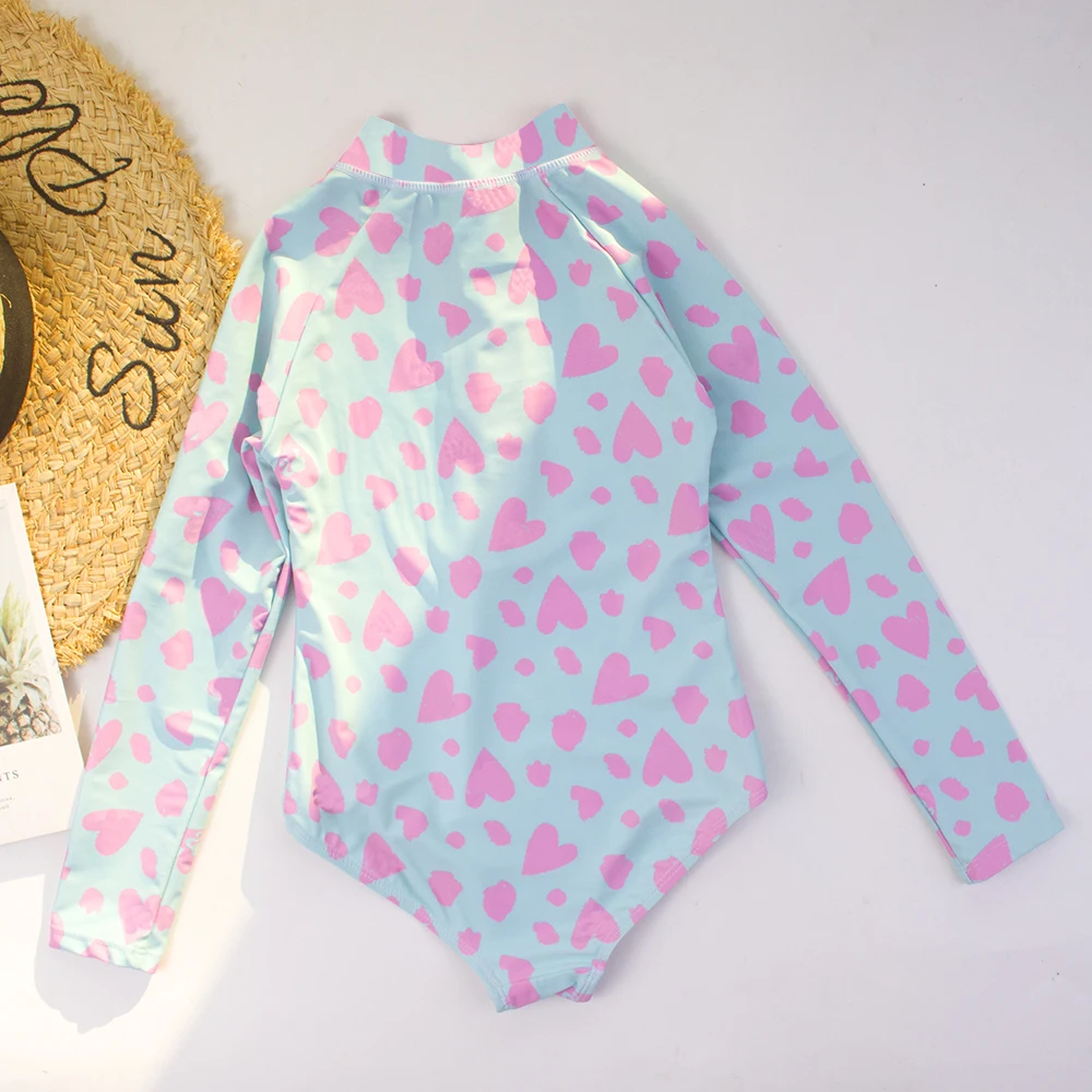 One-piece Quick-Drying Heart Print Swimsuit For Girls Zipper High Elasticity Long Sleeved Round Neck Sports Baby Kids Swimwear