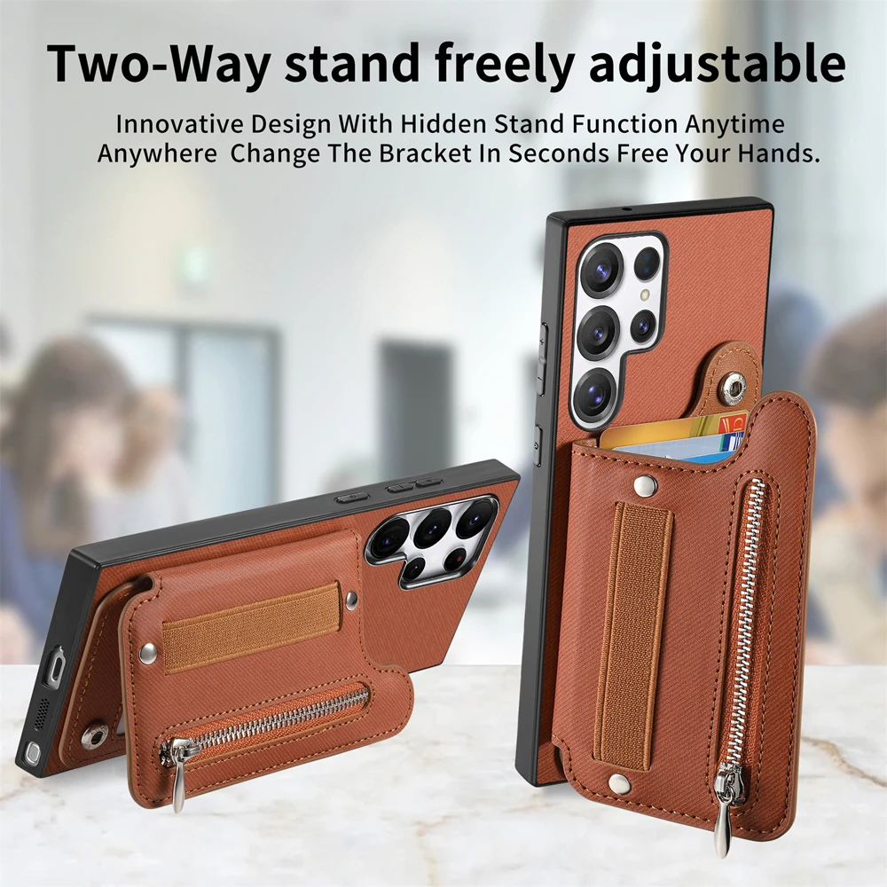 Zipper Card Slot Leather Wallet Case with Elastic Wrist Strap