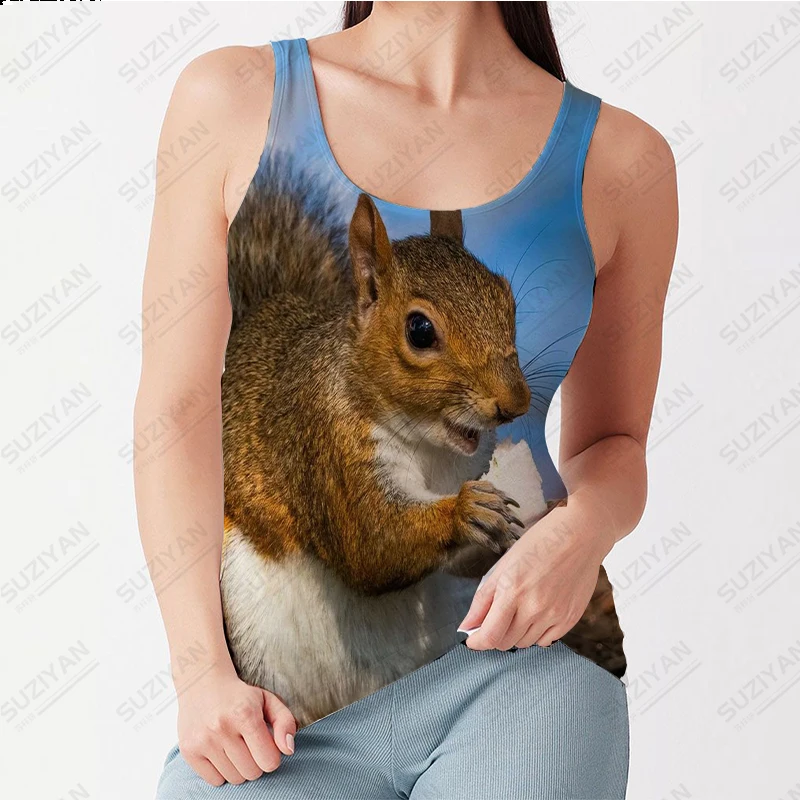 

2023 Summer New Hot Selling Women's U-neck Tank Top Squirrel Small Animal Print Sleeveless Beach Style Casual Sexy Women's Top