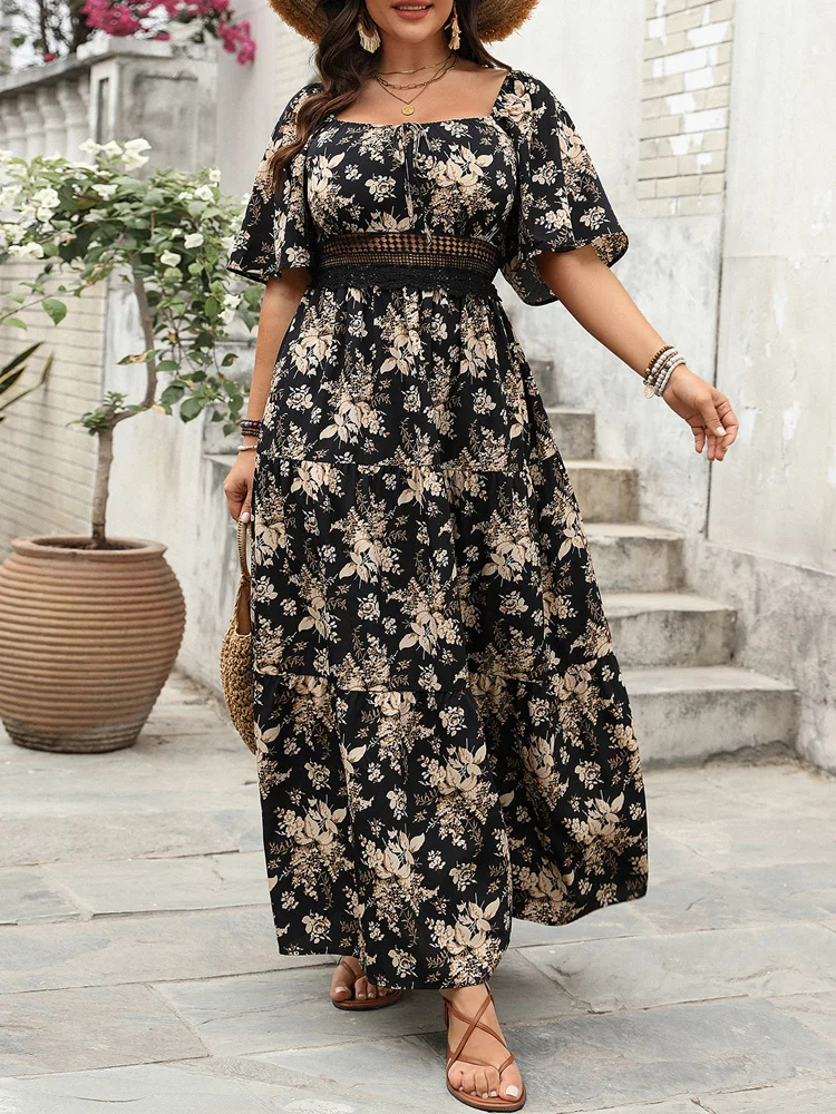 GIBSIE Plus Size Square Neck Floral Print Maxi Dress Women Summer 2026 Knot Front Hollow Out Boho Vacation Big Swing Dresses 3