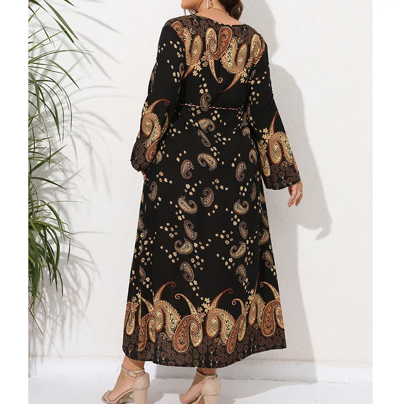 Vintage Spring Autumn Sashes Bandage A-line Dresses Plus Size Clothes for Women Printing Long Sleeve Loose Ankle-Length Dress