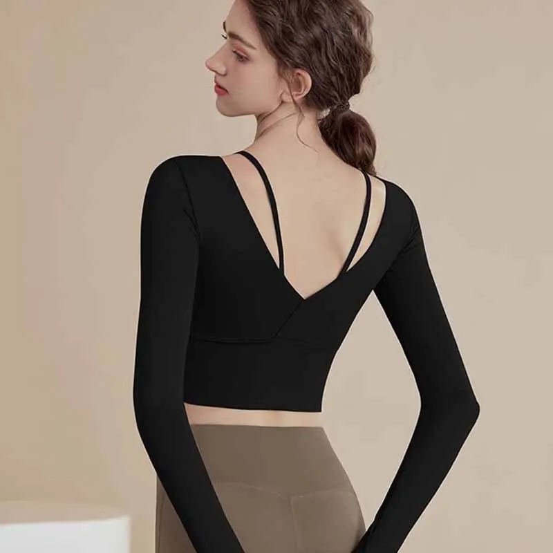 Women Long Sleeve Fitness Crop Top Sports Shirt Build-in Cup Yoga Shirts Pilates Sportswear Workout Training Gym Tops Activewear sports t shirt,yoga top,yoga shirt,sports shirt