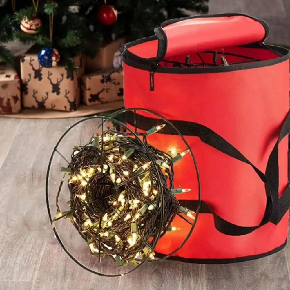 Red Christmas String Lights Storage Bag Round Large Capacity Christmas Storage Bag Waterproof with Handle Light