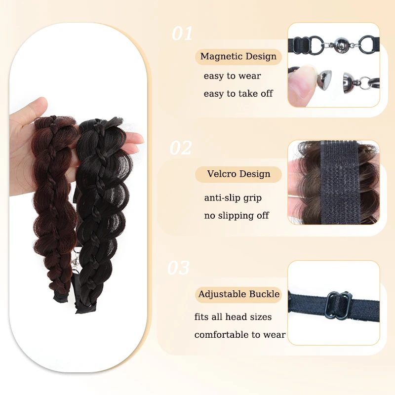 Synthetic Magnet-attached Braided Hairband Hairpiece Hand-woven Fishbone Headband with Velcro for Women Daily Use Hair Wig