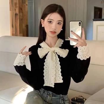Temperamento Patchwork di pizzo Top per giovani Primavera Autunno Nuova manica lunga con allacciatura a contrasto T-shirt coreane Moda dolce Abbigliamento donna 1