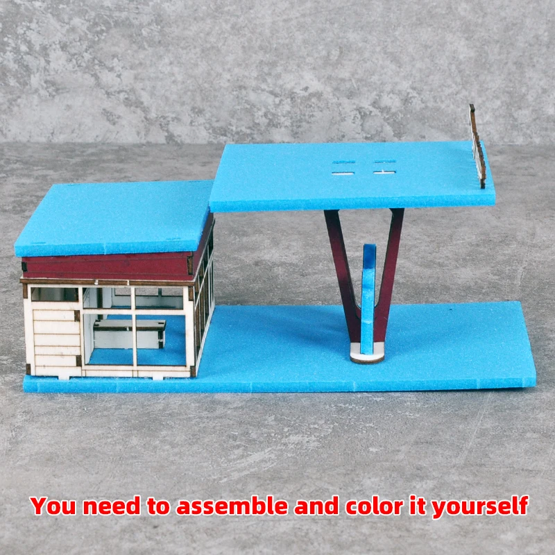 조립식 건축 모형 모래 테이블 주유소 휘발유 서비스 스테이션 현대식 자동차 스케일 모형 키트 1/64