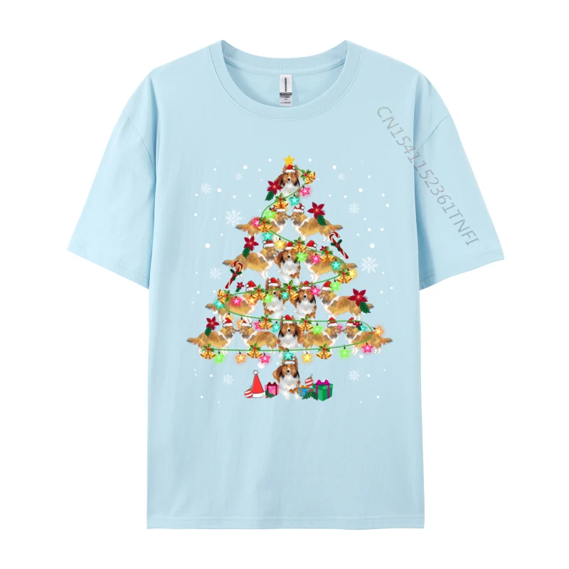 Casual T Shirts Custom Short Sleeve Classic Round Collar 100% Cotton Tops & Tees Personalized Tops Shirts for Men Summer/Fall Shetland Sheepdog Christmas Tree Funny Sheltie Christmas light