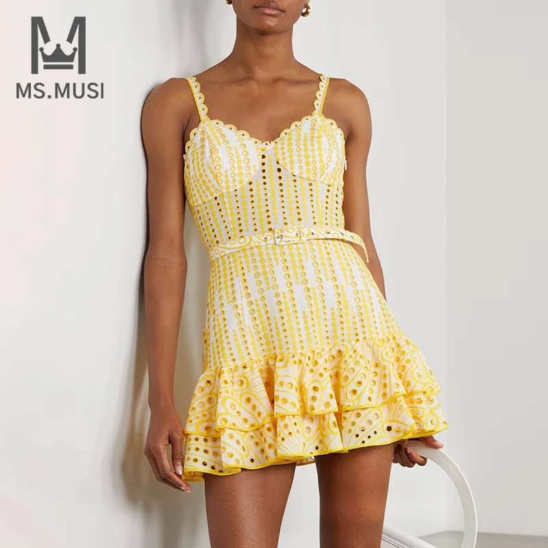 

MSMUSI 2023 New Fashion Women Sexy Strap Lace Mesh Falbala Ruffles Draped Sleeveless Bodycon Party Club Mini Dress With Belt