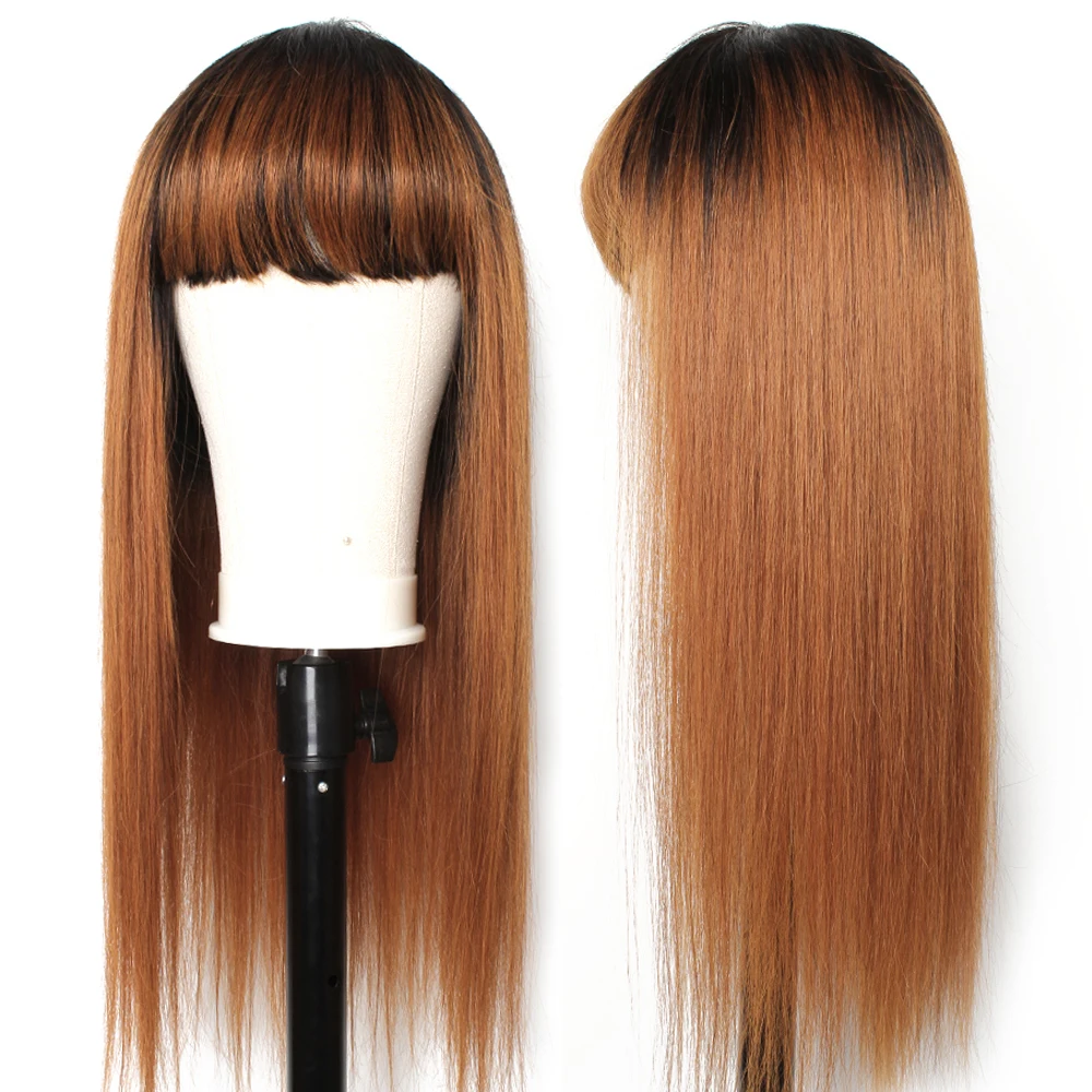 30 Human Hair Wigs with Bang Ombre Ginger Brown Straight Wear go Machine Made Wig with Neat Fringe for Women Full Wig Bobbi 1B