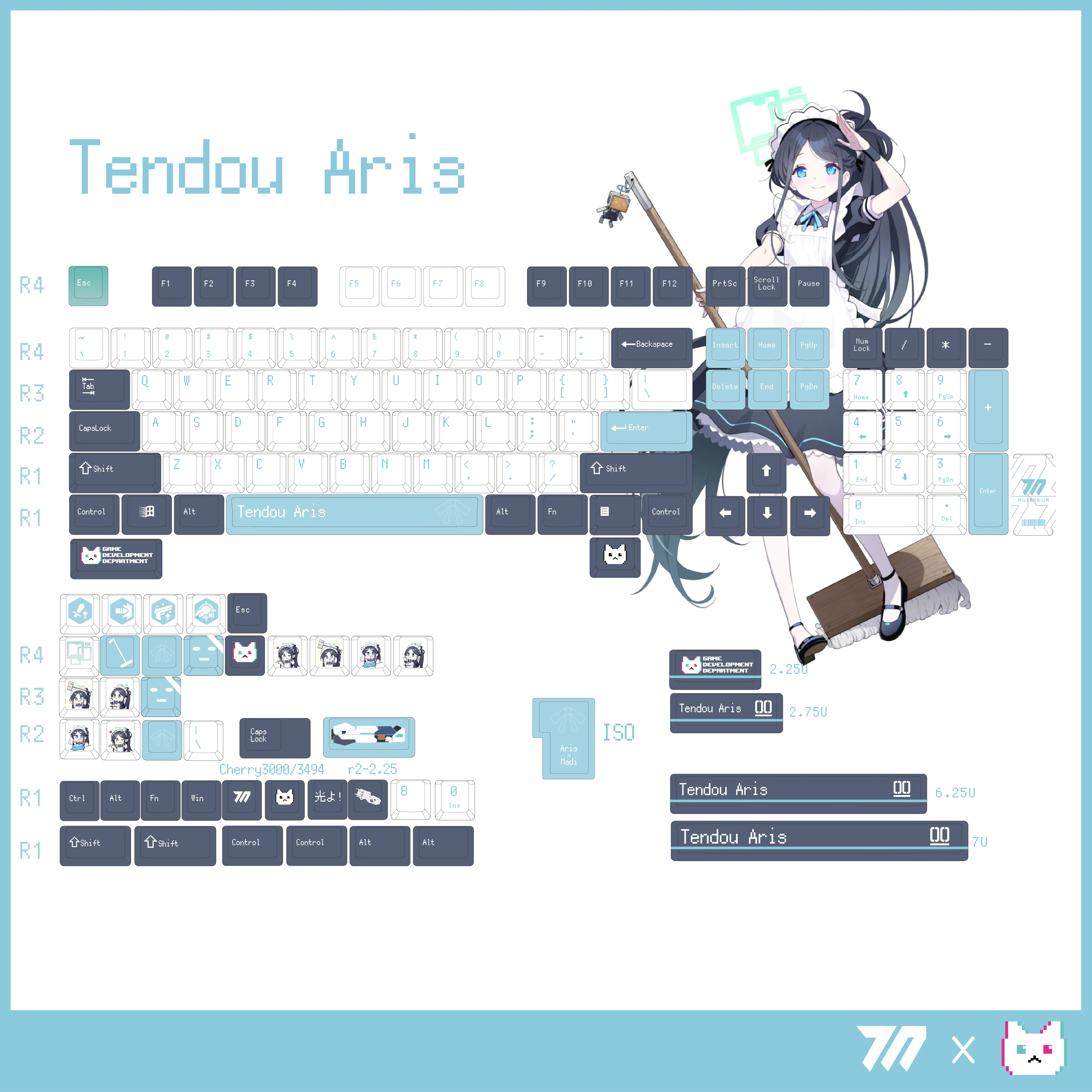 

140 Keys/Set Blue Archive Tendou Aris PBT Keycaps Anime Games Beauty Girl Key Caps Cherry Height for DIY Mechanical Keyboards