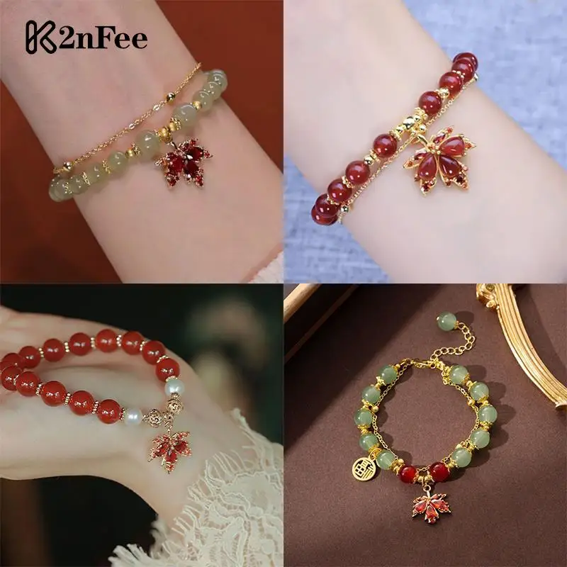 

Chinese Style Metal Fu Brand Maple Leaf Bracelet Imitation Jade Bracelet Women Exquisite Lucky Beaded Bracelet Jewelry Gifts
