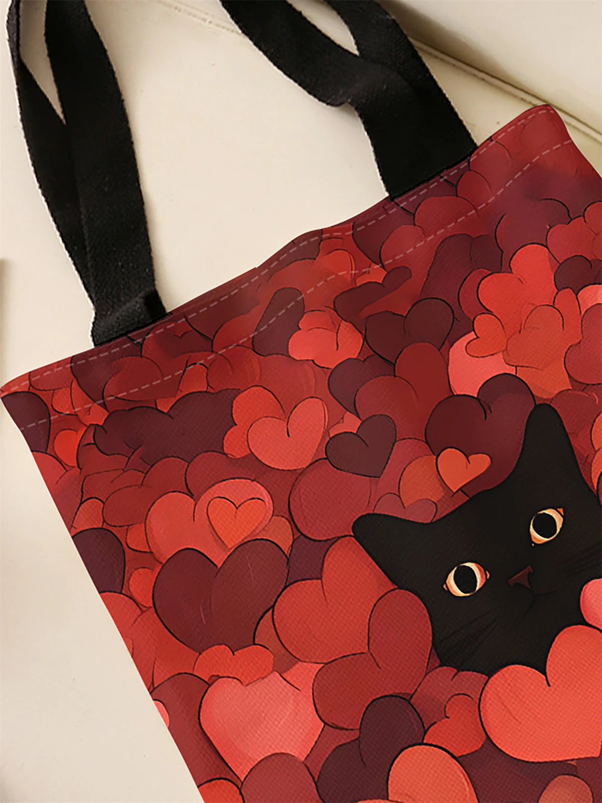 Cat and heart pattern printed casual handbag, reusable fashionable backpack, multifunctional handbag, canvas shopping bag