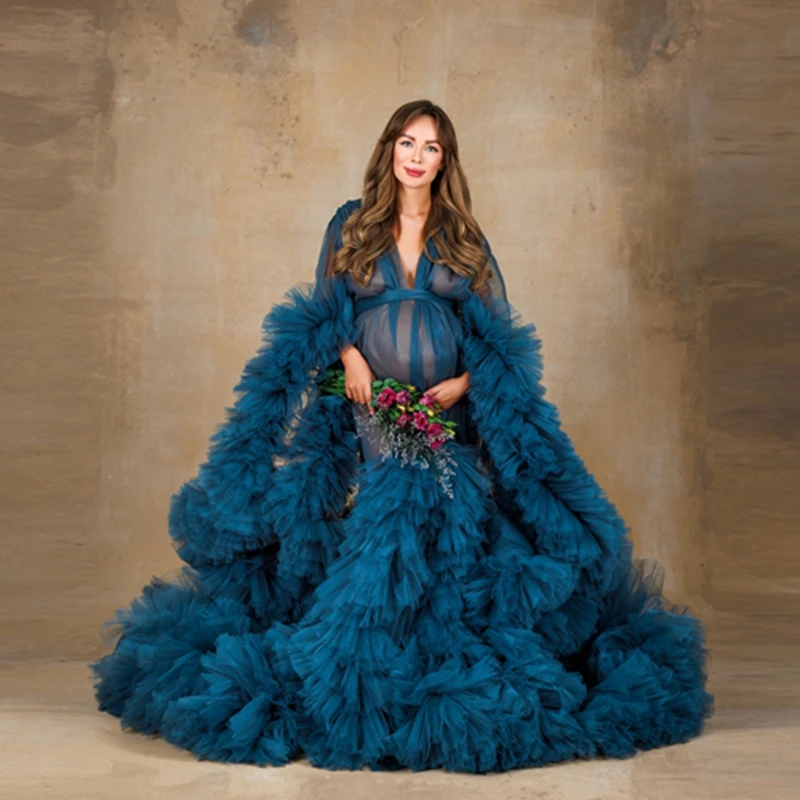 

Puffy Mesh Long Robes Maternity Dress Sexy See Thru Ruffles Tulle Pregnancy Dresses Lush Long Fluffy Photography Maternity Gowns