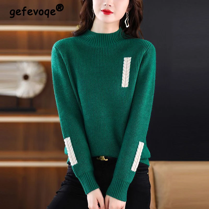 

Autumn Winter New Half High Collar Casual Fashion Patchwork Sweater Female Thick Add Plush Bottoming Jumpers Women Knitting Top