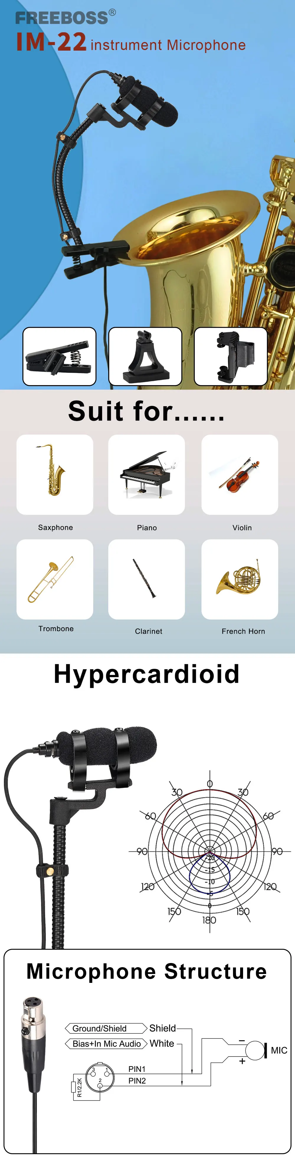 FREEBOSS 3 Pin Mini Violin Microphone with Clip Portable Hypercardioid Condencer Music Instrument Teaching Wired Mic IM-22-L5