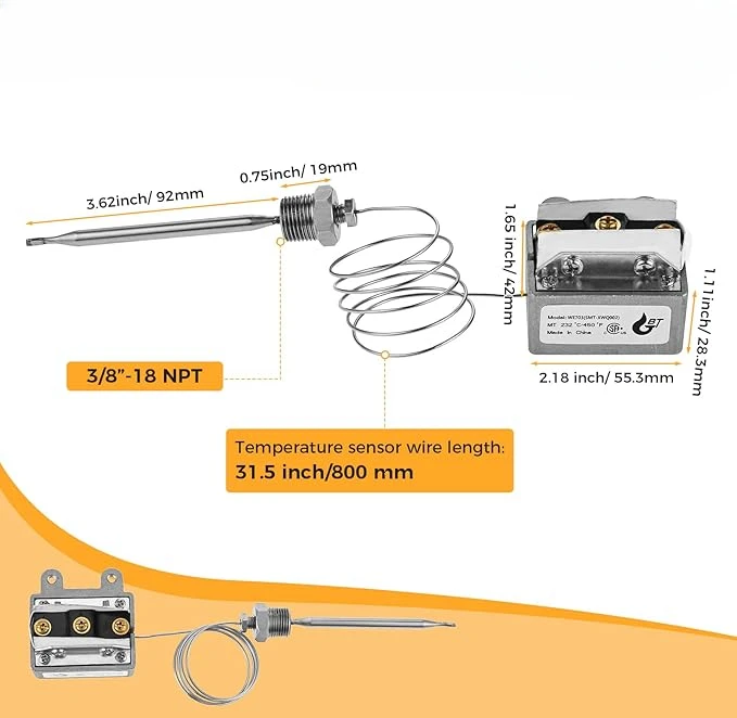 232℃ /450℉ Thermostat High Limit Safety Fryer Switch For 3/8 "-18 NPT 1177 Gas Fryer High Limit Safety Deep Thermostats