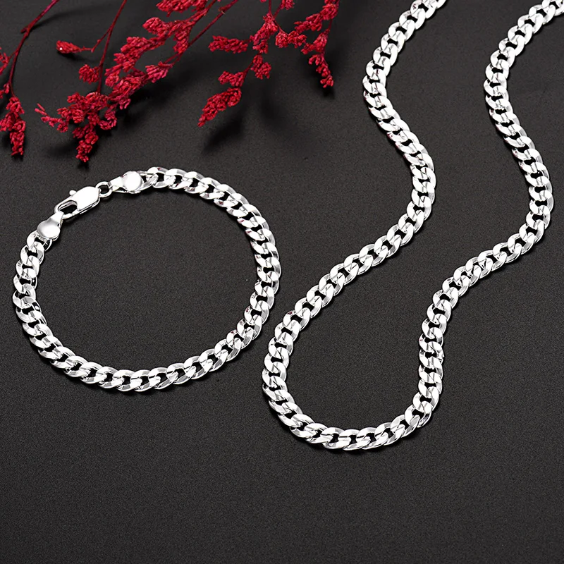 

Hot high quality 925 Sterling silver charm 7MM Chain bracelets neckalces jewelry set for man women fashion Party wedding gifts